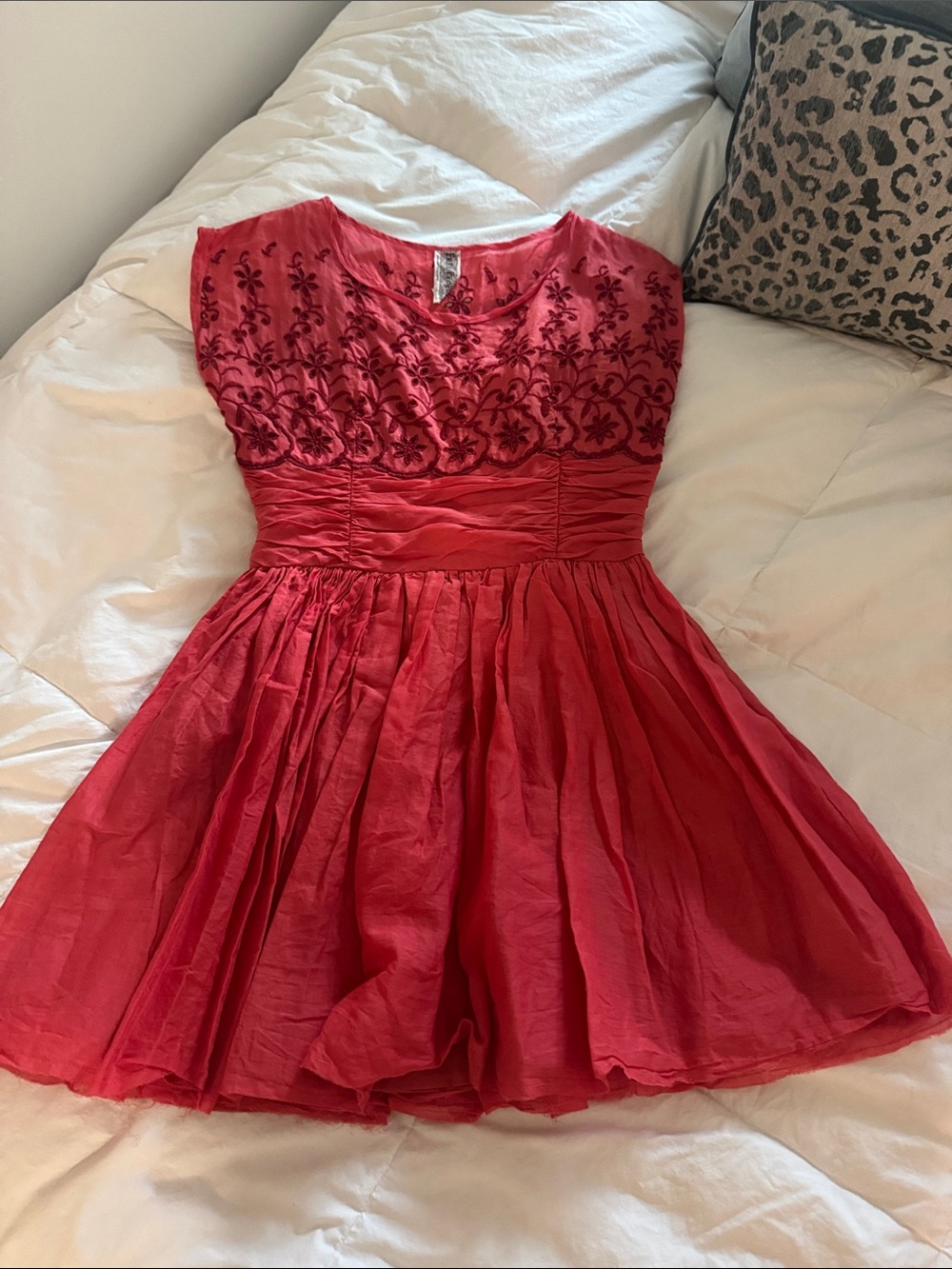 Free People Red Embroidered Fit-and-Flare Dress